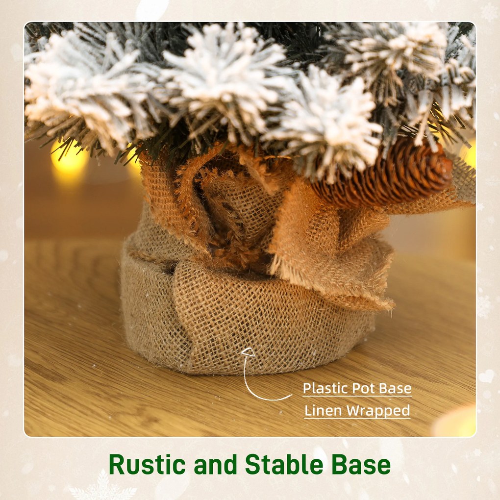 HOMCOM Mini sztuczna choinka 60 cm, pokryta śniegiem, 72 gałązki, 6 szyszek, podstawa z cementu | Aosom PL