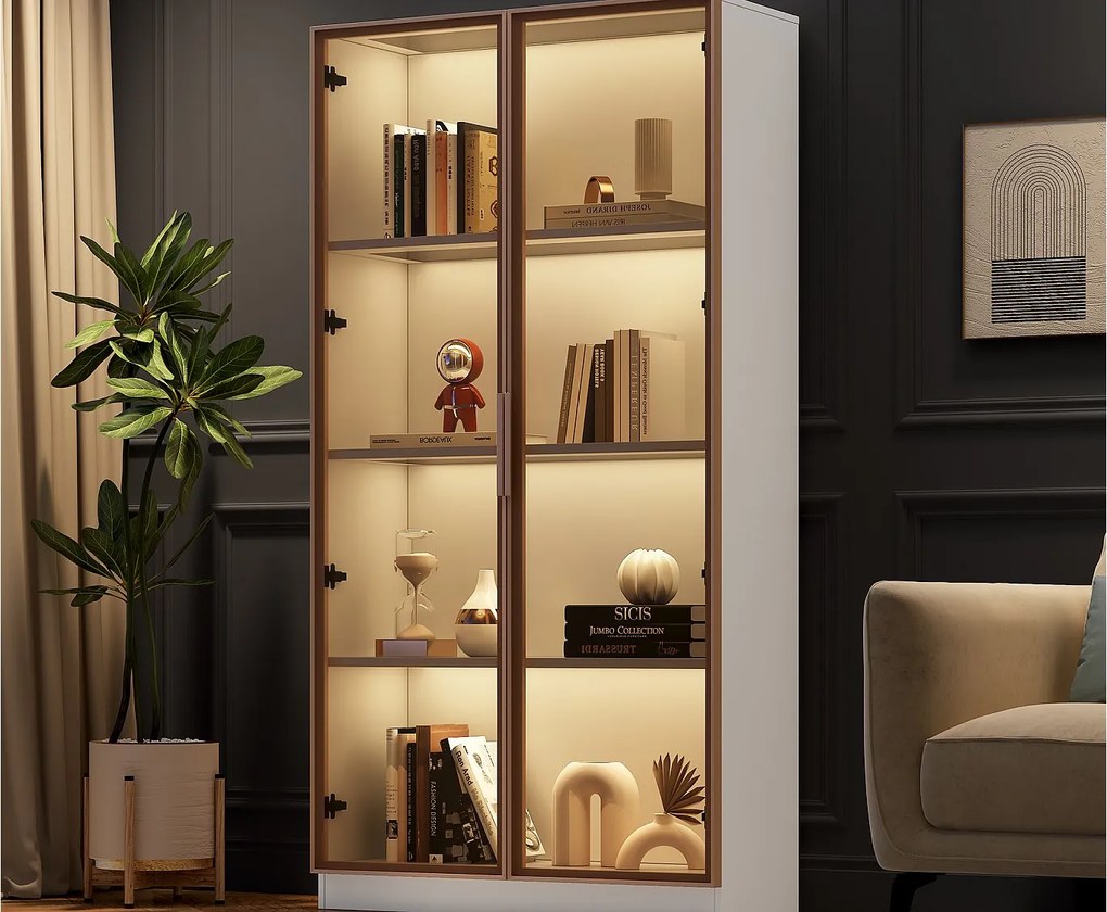 Witryna z 2 drzwiami szklanymi, wysoki kredens - LED-y - 80 x 40 x 160 cm - Płyta wiórowa - Biały