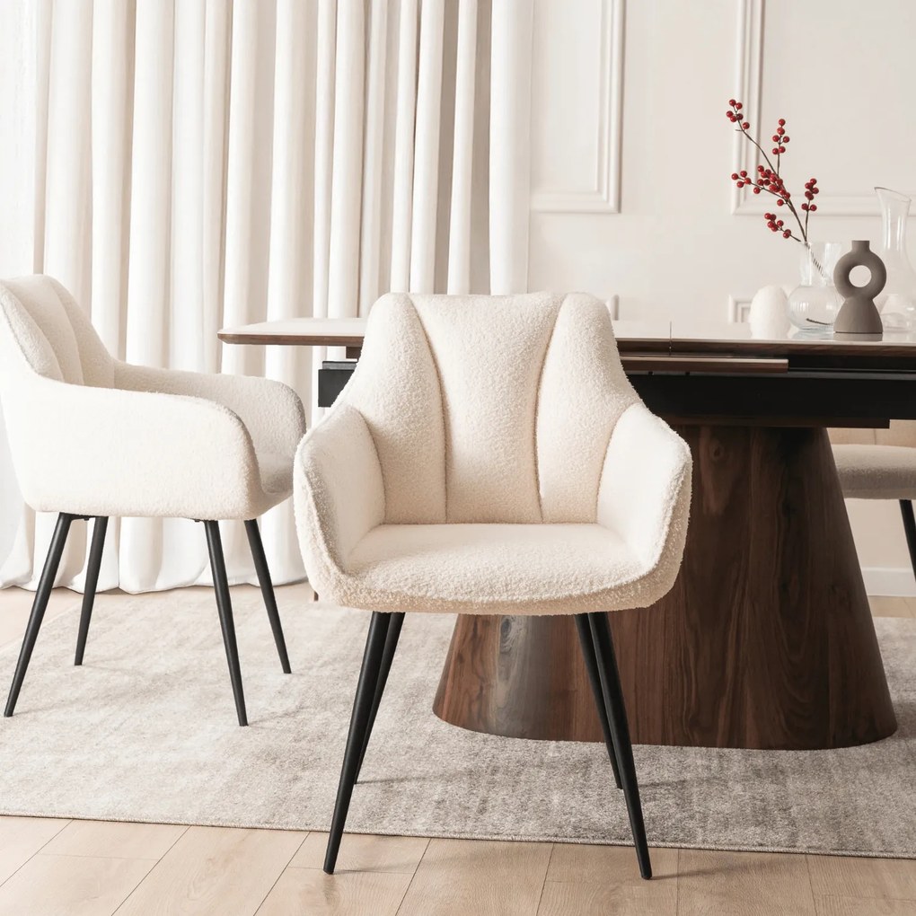 Krzesło Tapicerowane do Salonu NAWARA Kremowe Boucle Nowoczesne
