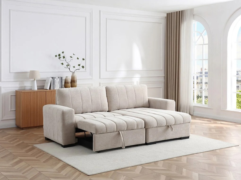 Kanapa narożna rozkładana i dwustronna z beżowej teksturowanej tkaniny KONOTI