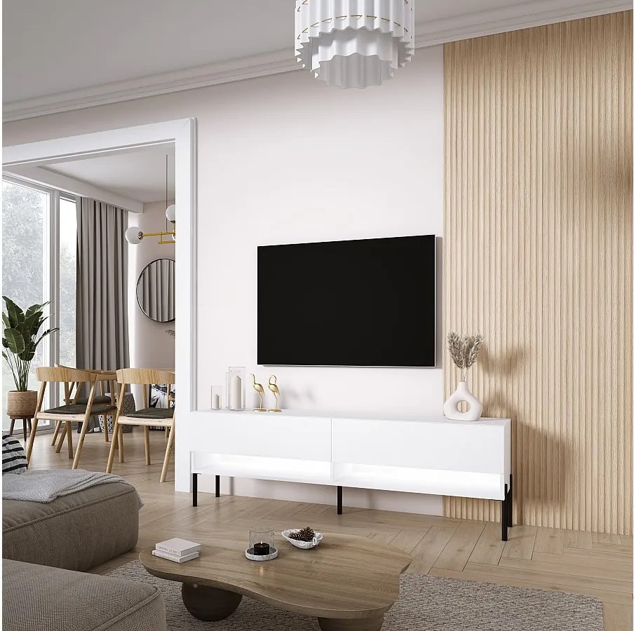 Szafka pod telewizor 170 cm Biały Mat, nóżki proste czarne, LED biały, 170 × 32 × 52 cm