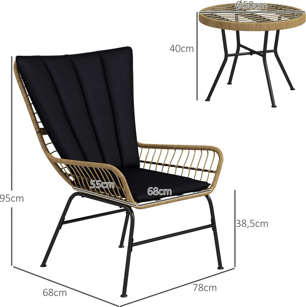 Outsunny Zestaw Bistro, Zestaw Mebli Balkonowych, W Stylu Boho, Odporny Na Pogodę, 78 x 68 x 95 cm, Czarny