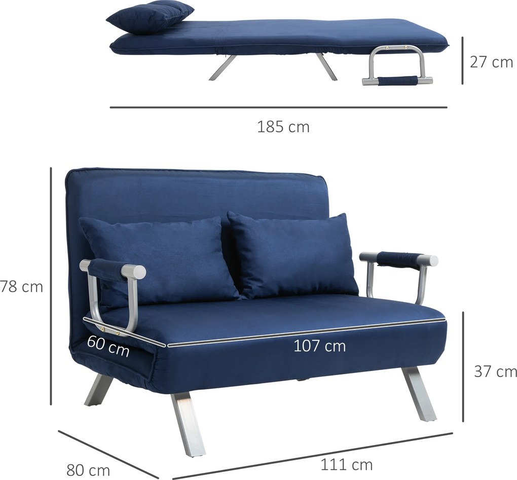 HOMCOM Sofa do Spania, 5-stopniowa Regulacja, Imitacja Zamszu, Rama Metalowa, w zestawie Poduszki, Granatowa