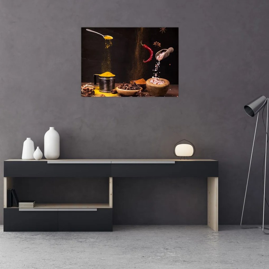 Obraz na szkle - Przyprawy w ruchu (70x50 cm)