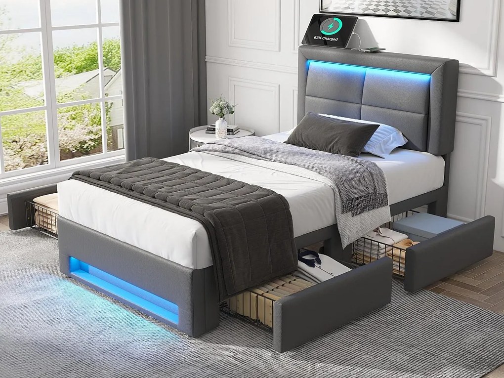 Łóżko z szufladami 90x200 cm z ekoskóry - z LED i portami ładowania (przewodowymi i bezprzewodowymi) - Szare