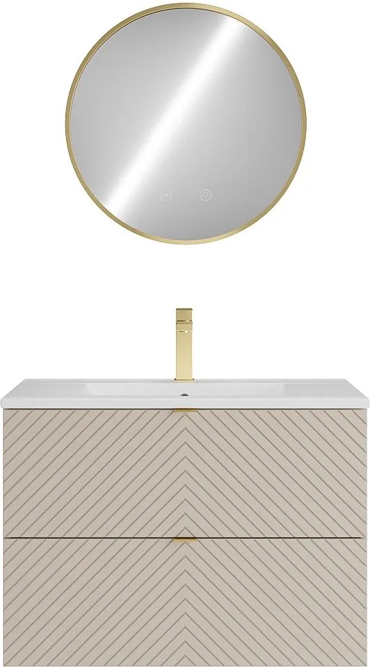 Szafka łazienkowa wisząca z wpuszczaną umywalką, baterią i lustrem – beż – 80 cm – DORIONI