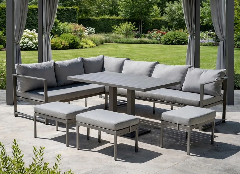 Narożnik ogrodowy Bellagio 004 z pufami i ławostołem, szary, poduszki szare