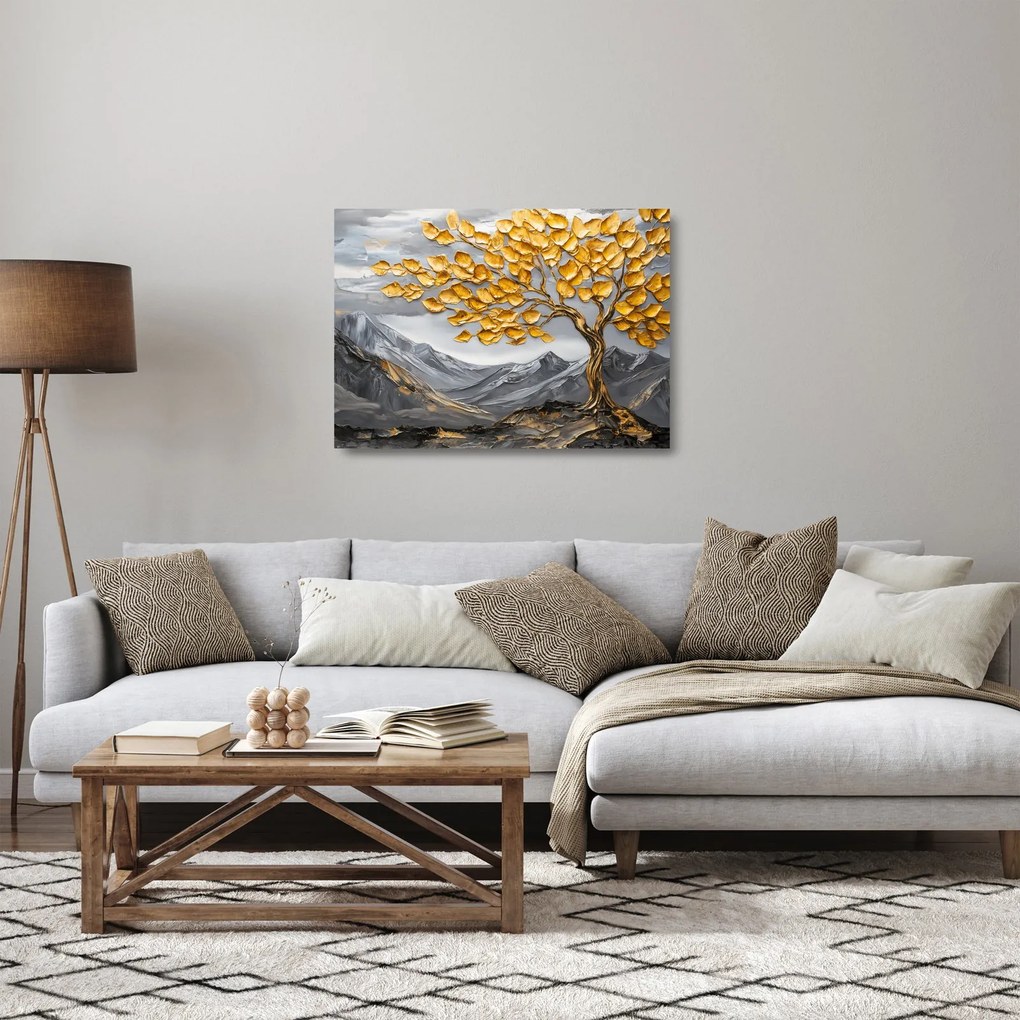 Obraz na szkle – Drzewo ze złotymi liśćmi (70x50 cm)