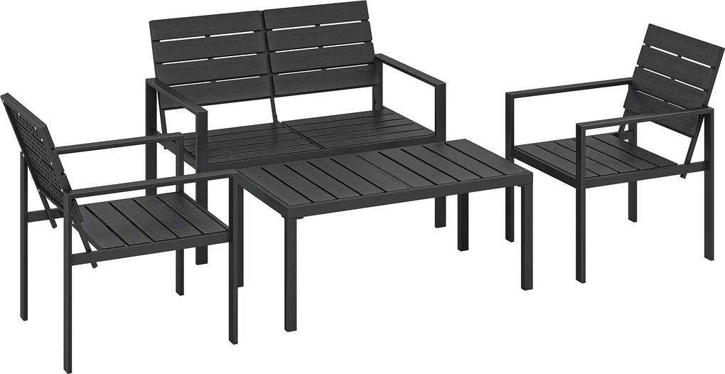 Outsunny Zestaw Mebli Ogrodowych dla 4 Osób Sofa Dwuosobowa 2 Fotele Stolik Kawowy Design z Listwami Czarny | Aosom PL