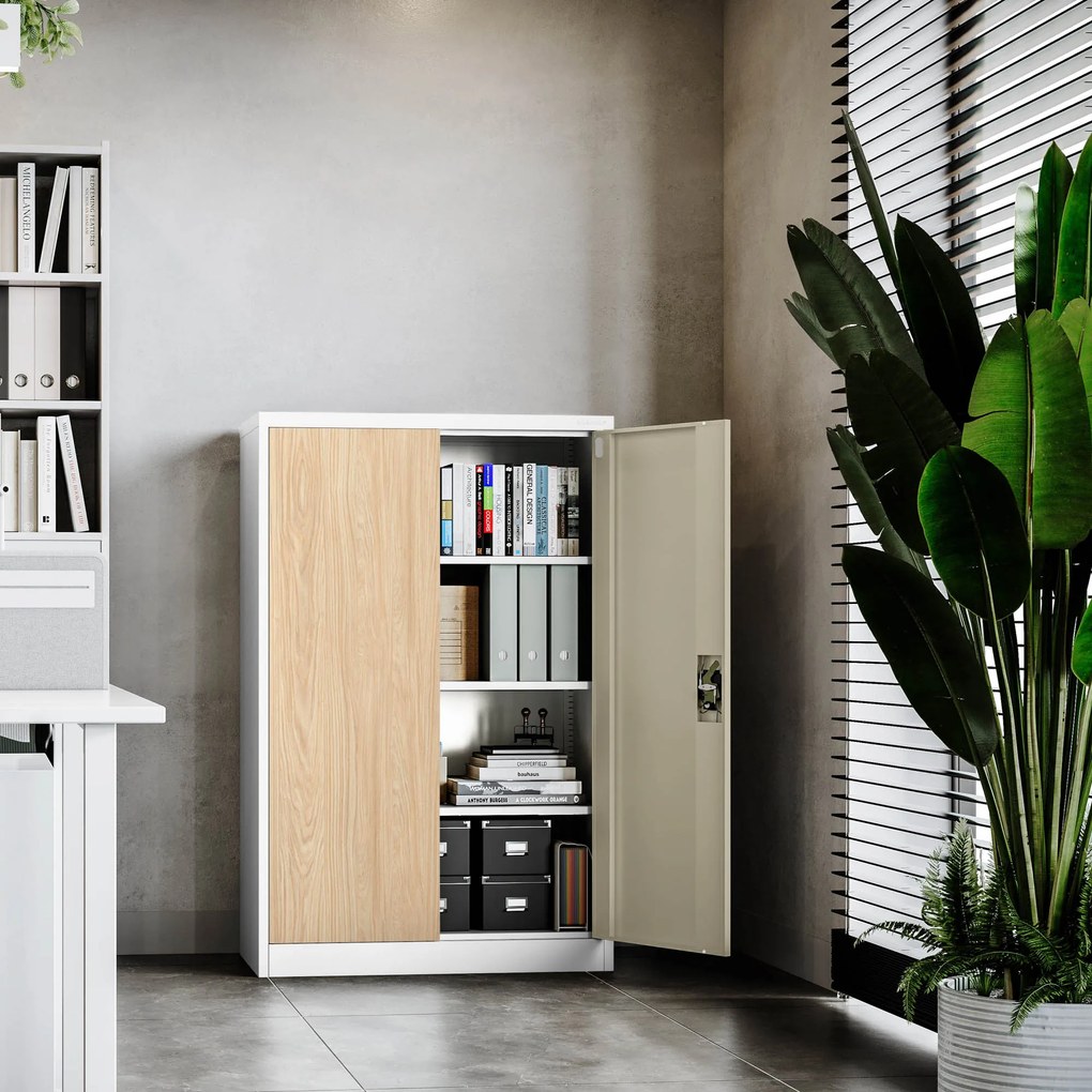 Biurowa szafa metalowa KEVIN, 900 x 1400 x 400 mm, Eco Design: biała/ dąb sonoma