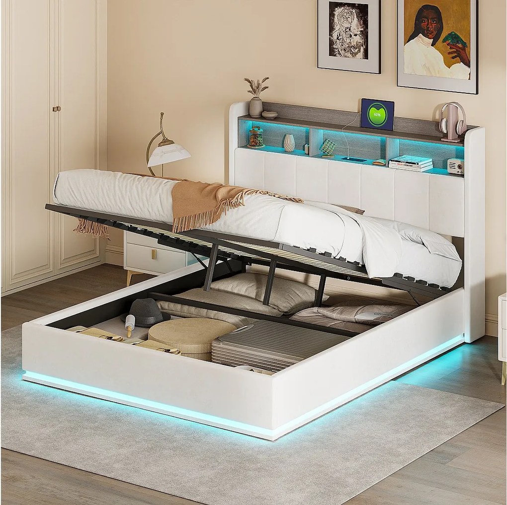 Łóżko 140x200cm z oświetleniem LED, łóżko z pojemnikiem na pościel z listwowym stelażem, gniazdkami, USB i Type-C, aksamitne
