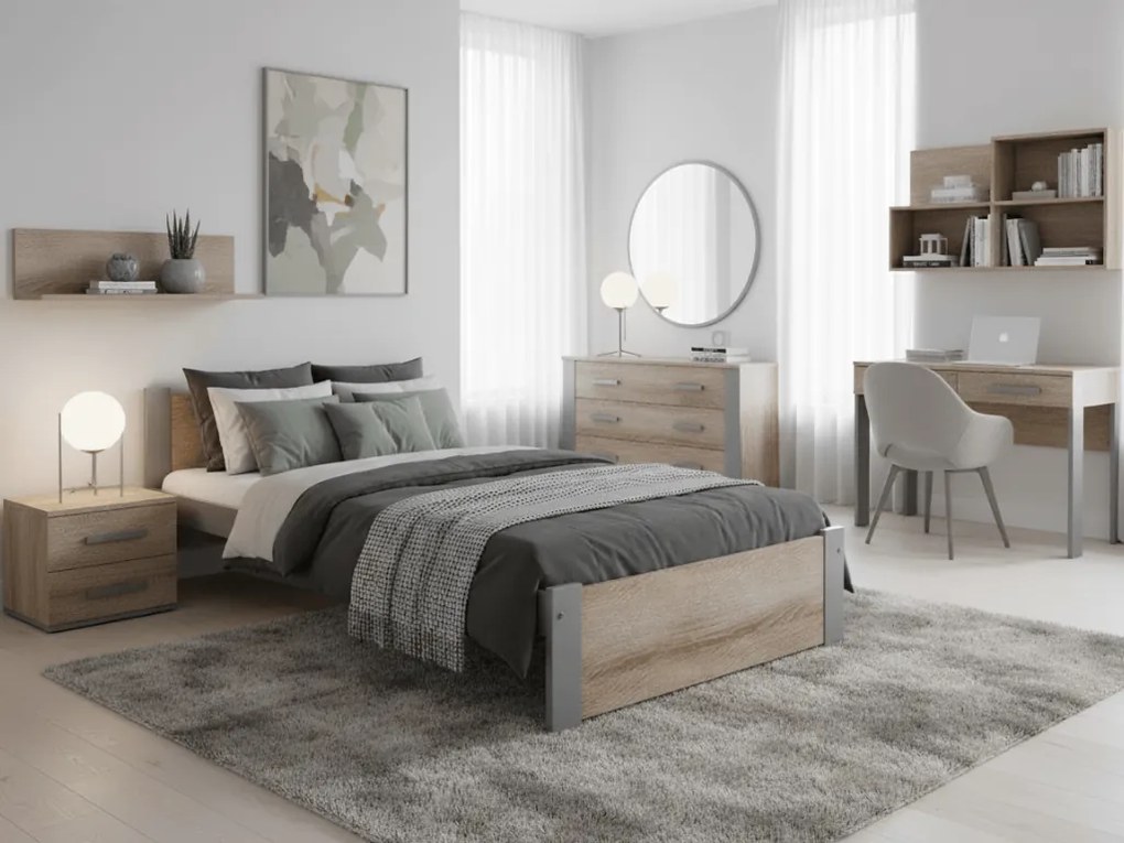 Łóżko IKAROS 90 x 200 cm, dąb sonoma/szary Stelaż: Ze stelażem listwowym rolowanym elastycznym, Materac: Materac Deluxe 10 cm