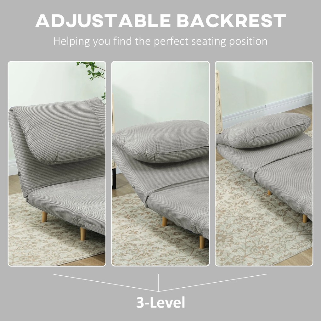HOMCOM Fotel do spania 2-w-1 dla gości, regulowana poduszka wsparcia, optyka sztruksu, 82 cm x 89 cm x 83 cm, Szary
