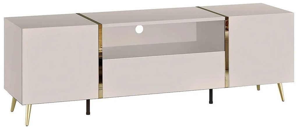 Szafka RTV 2-drzwiowa z 1 szufladą i 1 wnęką - Beżowy i Złoty - MARZIALO