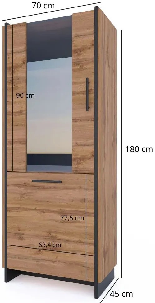 Wysoka szklana witryna do salonu i jadalni dąb wotan + czarny N6-N93