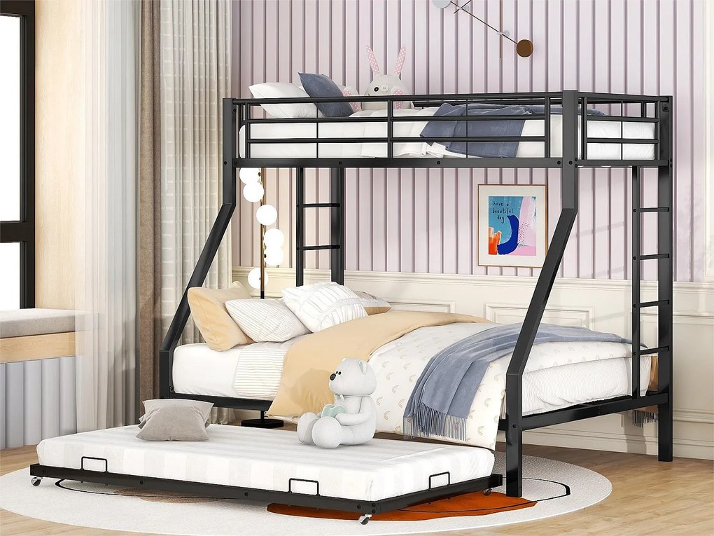Łóżko piętrowe 4-osobowe wysuwane - 140 x 200 cm + 2 x 90 x 200 cm - metalowe - stelaż listwowy - czarne