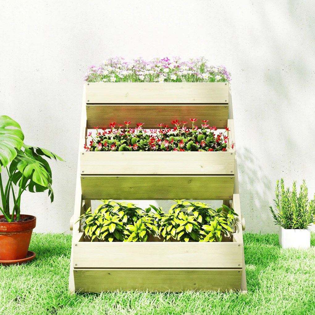 Outsunny Pionowa grządka z 3 poziomami, drewniana donica z 3 skrzynkami i otworami drenażowymi, zielona | Aosom PL