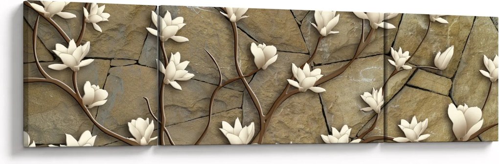 Obraz - Białe magnolie na murze kamiennym (170x50 cm)
