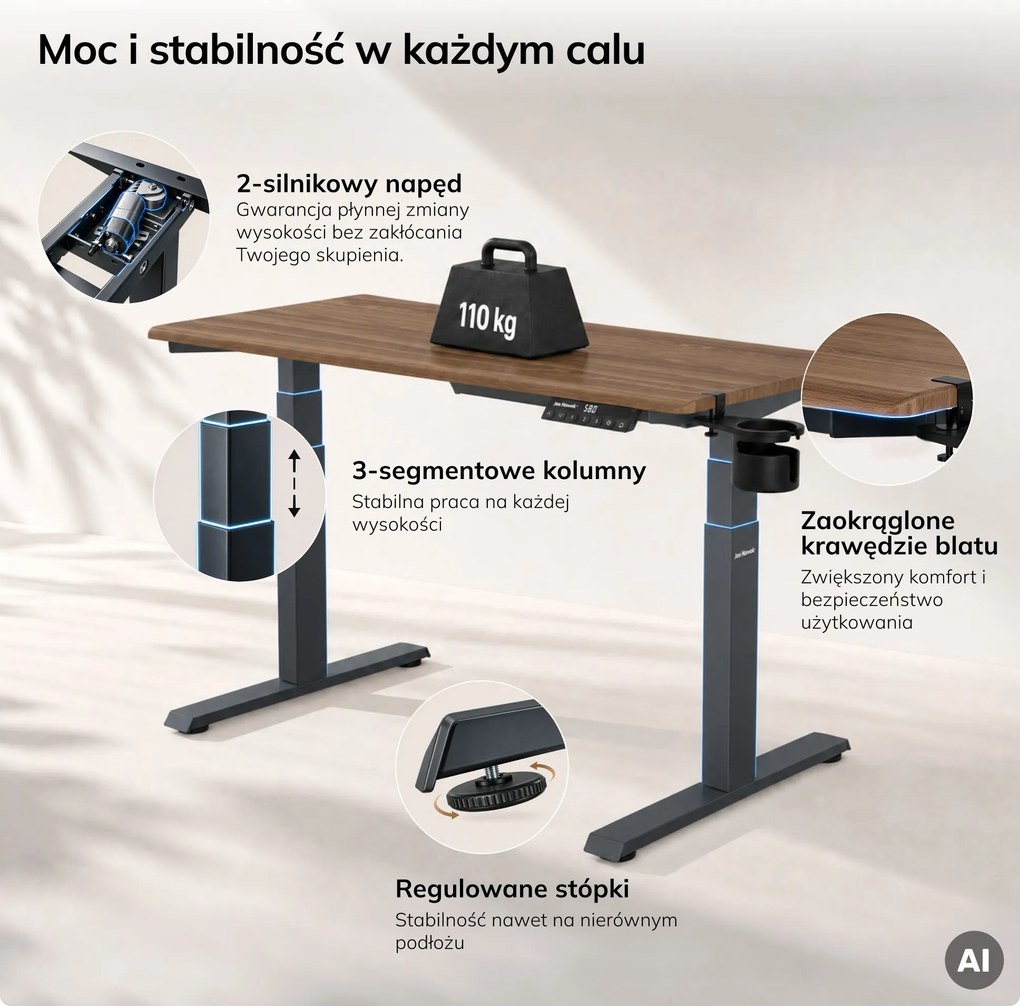 Biurko elektryczne z regulacją wysokości ergonomiczne antracytowe/orzech,1200x600 mm: ARIA