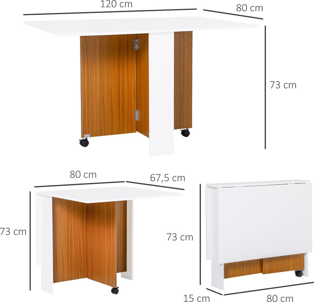 HOMCOM Stolik składany na kółkach, biurko mobilne z rozkładanym blatem, stolik pomocniczy, stół jadalny do kuchni, kolor biały