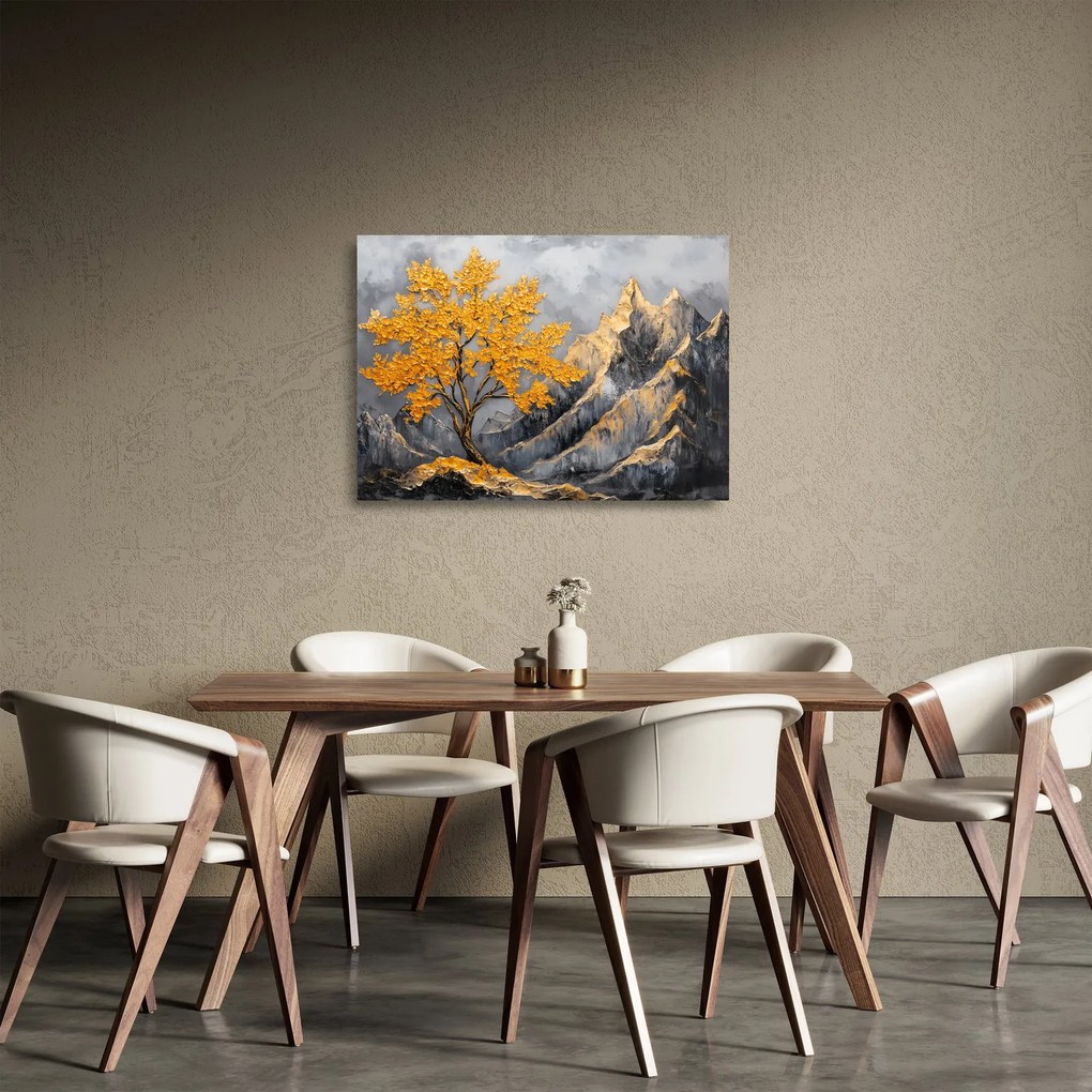 Obraz na szkle – Złote drzewo w górach (70x50 cm)