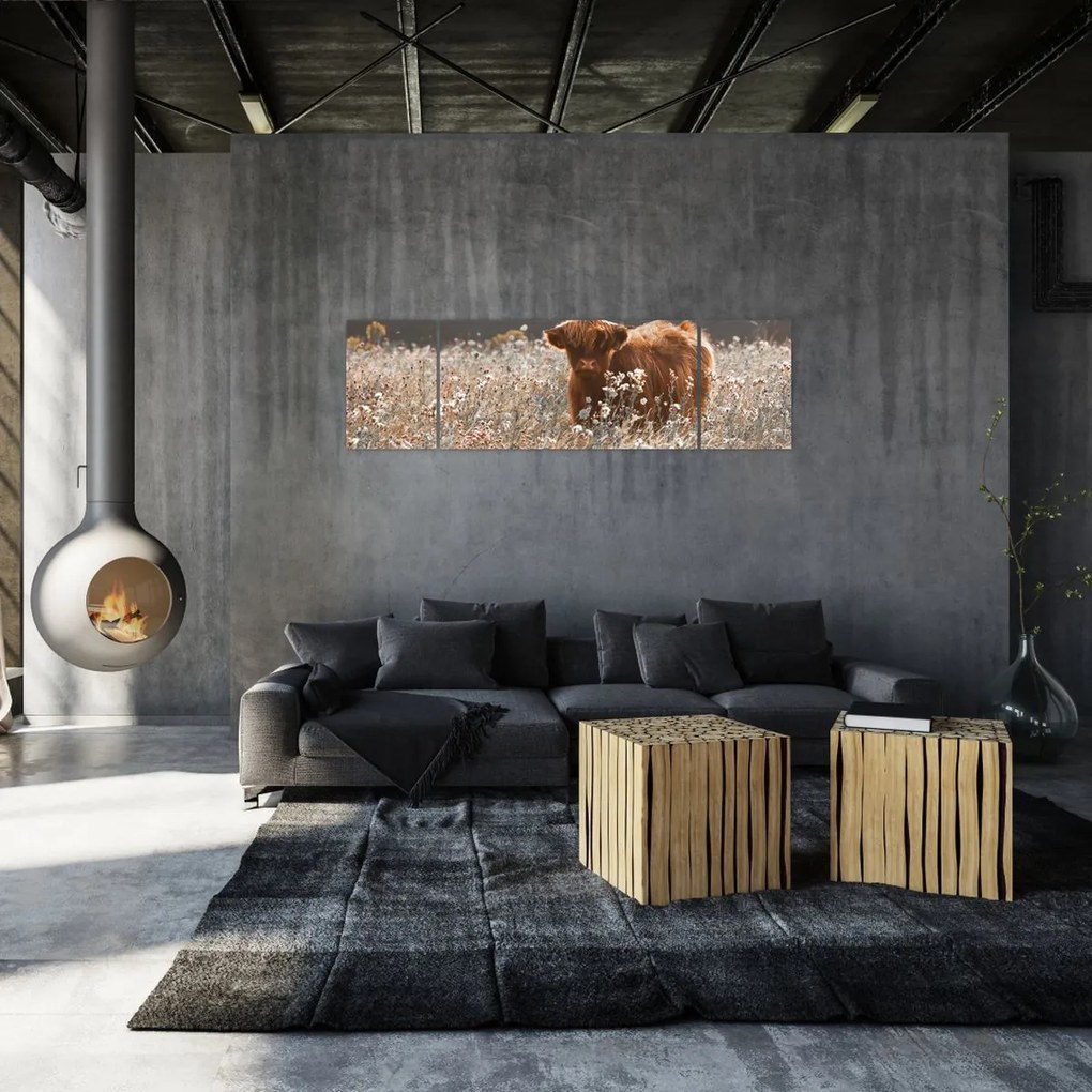 Obraz - Szkocka krowa w kwiatach (170x50 cm)