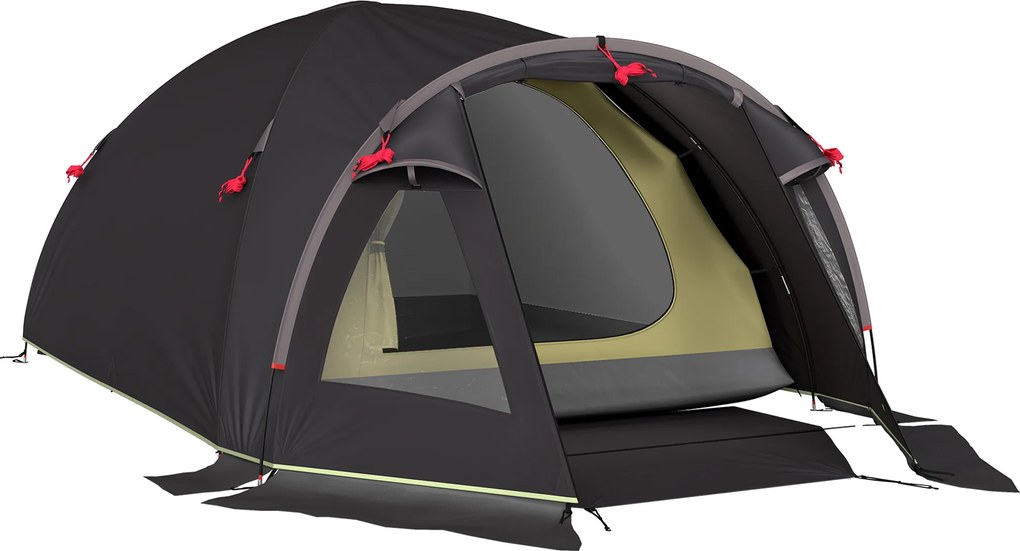 Outsunny Lekki Namiot Campingowy dla 4 Osób UV 50+ - Tunelowy, Czarny z Przedsionkiem, Bocznymi Drzwiami i Oknami