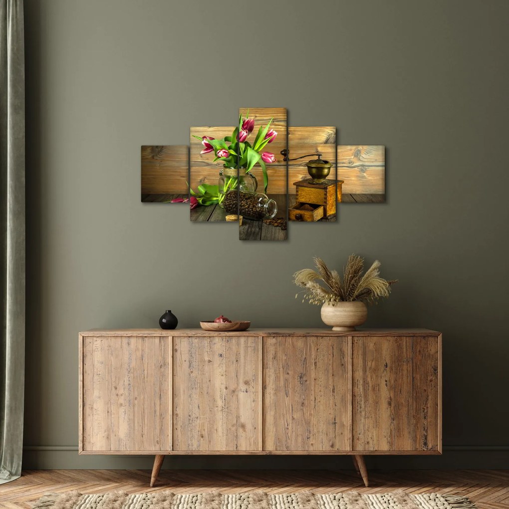 Obraz - tulipany, młynek i kawa (125x70 cm)