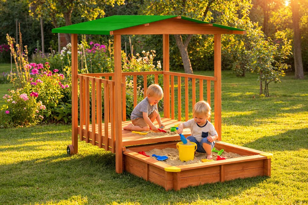 Piaskownica z werandą SUNNY, 130x130x143cm, brązowa/zielona Jurhan