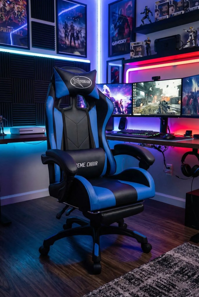 Czarno-niebieski fotel gamingowy z podnóżkiem S9-R82