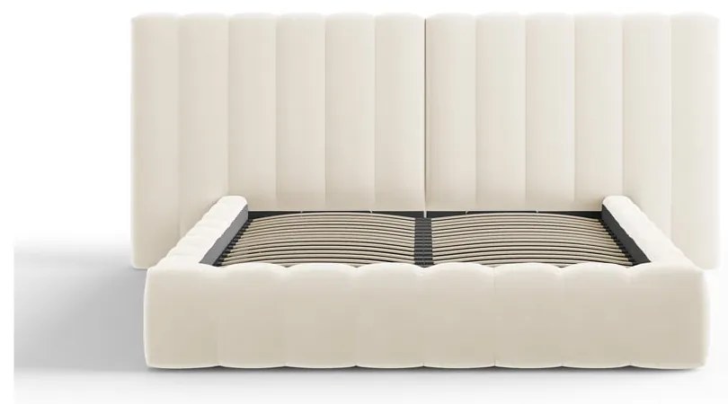 Beżowe tapicerowane łóżko dwuosobowe ze schowkiem i stelażem 160x200 cm Gina – Milo Casa