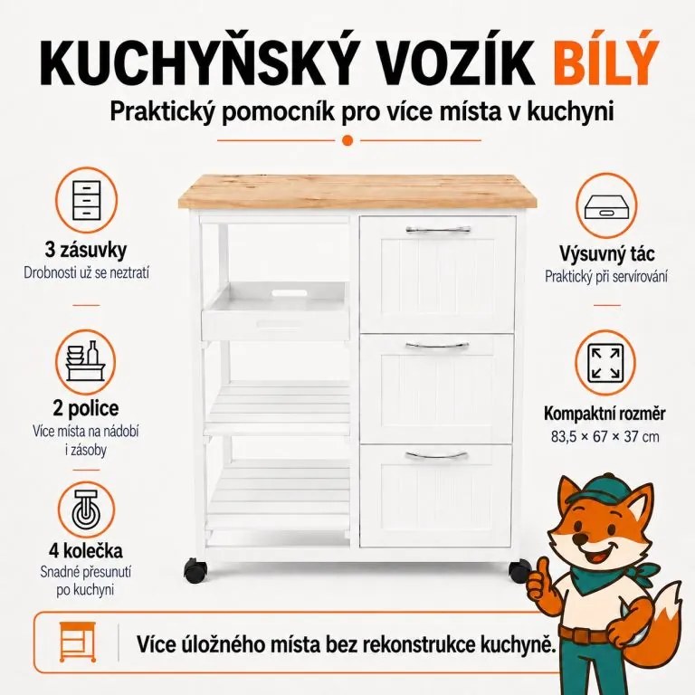 Wózek kuchenny na kółkach z szufladami, biały