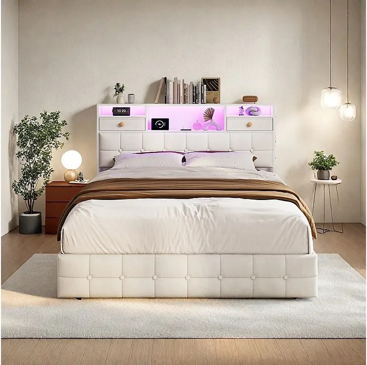 Łóżko z pojemnikiem hydraulicznym z oświetleniem LED - 160 x 200 cm - Port ładowania USB i 2 szuflady - Welur - Beżowy