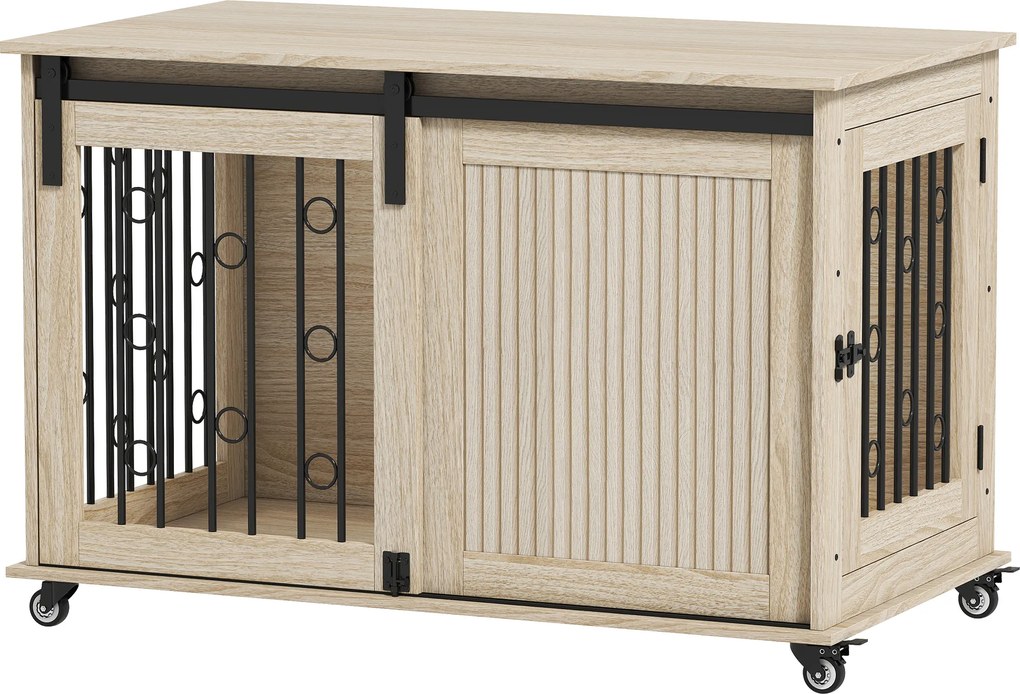 PawHut Skrzynia dla psa na kółkach, drzwi przesuwne, 100 x 56 x 65 cm, drewno, stal | Aosom PL