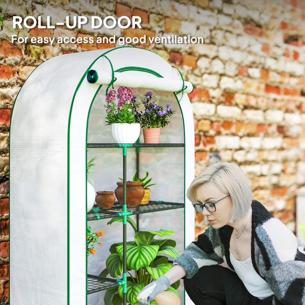Outsunny Mini-szklarnia, 4-poziomowa szklarnia z folią plastikową, przenośna, z rolowanymi drzwiami, 100 x 45 x 160 cm, biała