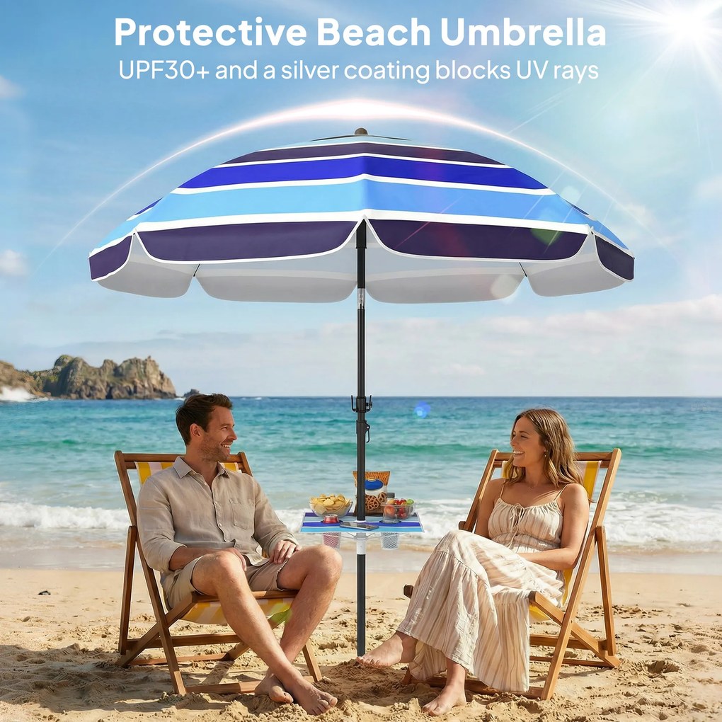 Outsunny Parasol Plażowy Ø198 cm UV30+ z Składanym Stolikiem i Uchwytami na Napoje, Regulowany, Wielokolorowy | Aosom PL