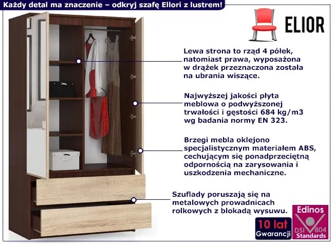 Szafa z lustrem w stylu klasycznym wenge + dąb sonoma Rools 3X