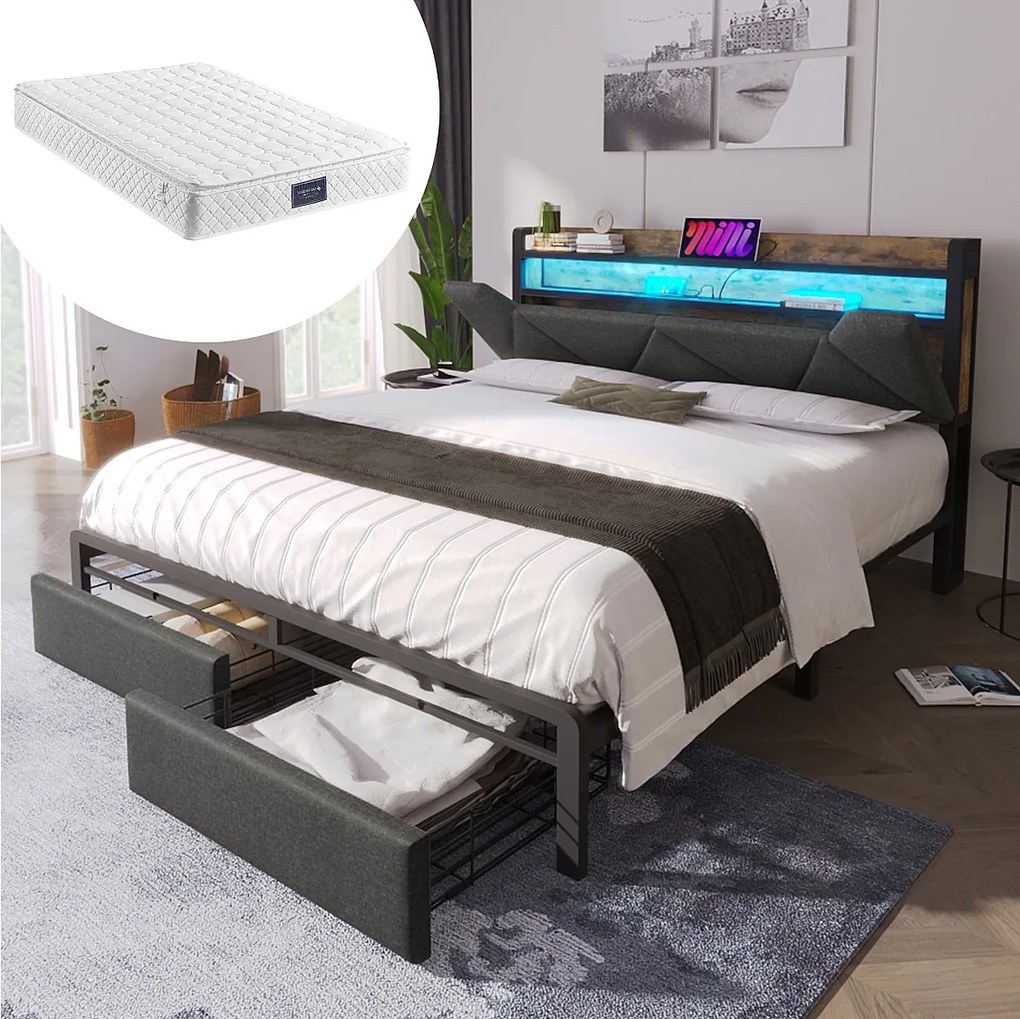 Łóżko dla dorosłych 160x200 cm - z zagłówkiem i schowkiem, USB, gniazdo typu C, oświetlenie LED, 2 szuflady - szary len - materac w cenie