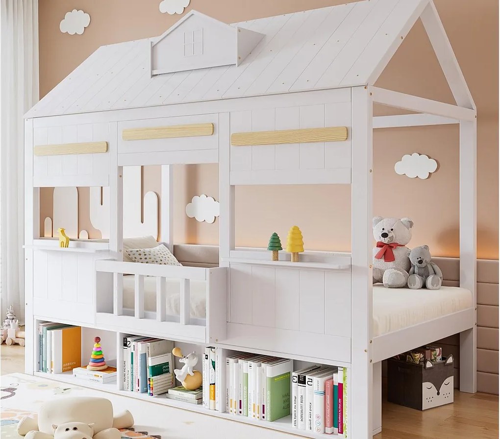 Łóżko dziecięce 90x200 cm - design domu - z biblioteczką - Drewno lite + MDF + sklejka - biały​ (bez materaca)