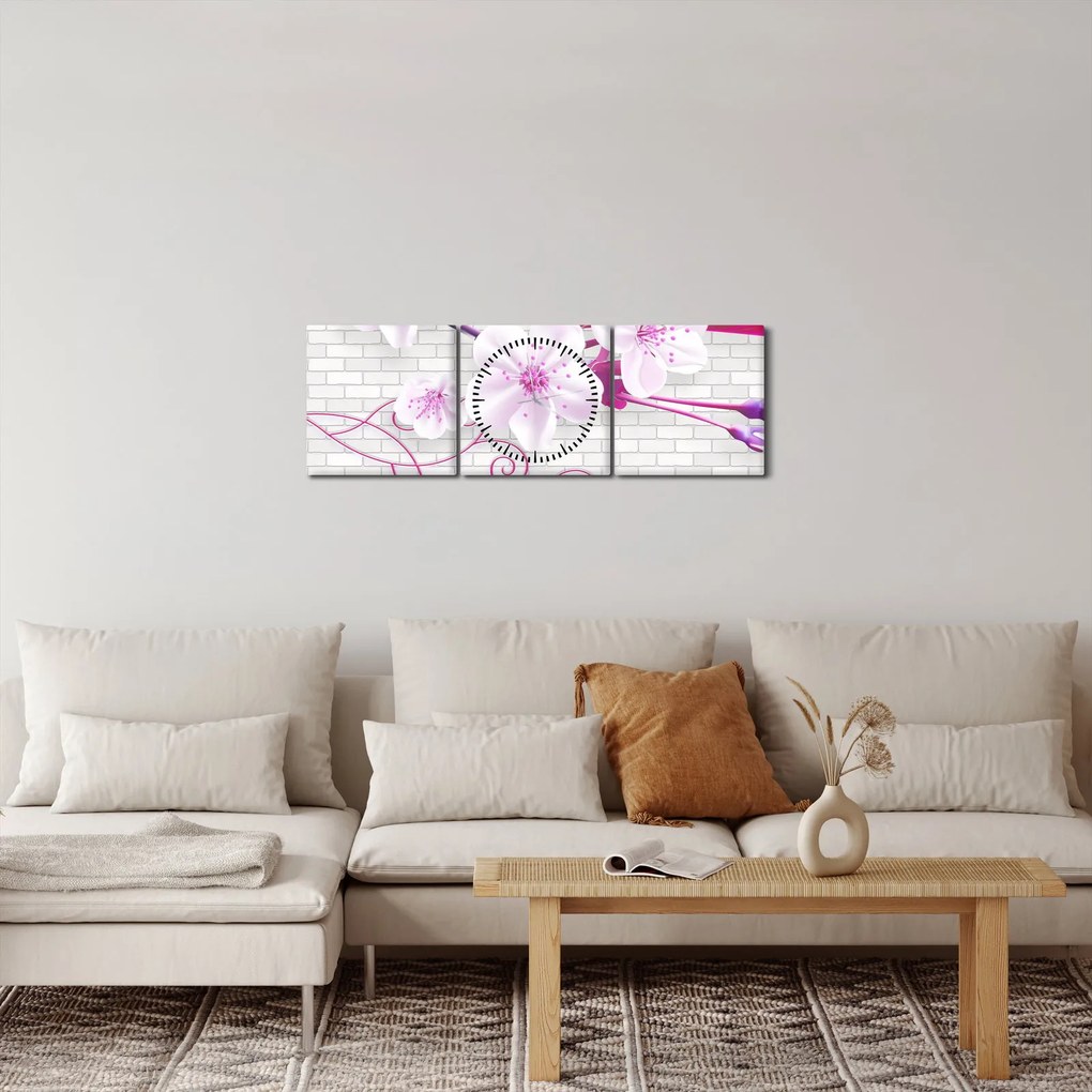 Obraz gałązki z kwiatami (z zegarem) (90x30 cm)