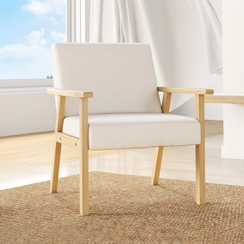HOMCOM Fotel tapicerowany z podłokietnikami, krzesło do jadalni w wyglądzie lnu, rama z litego drewna, 64 x 70 x 72 cm, kremowy