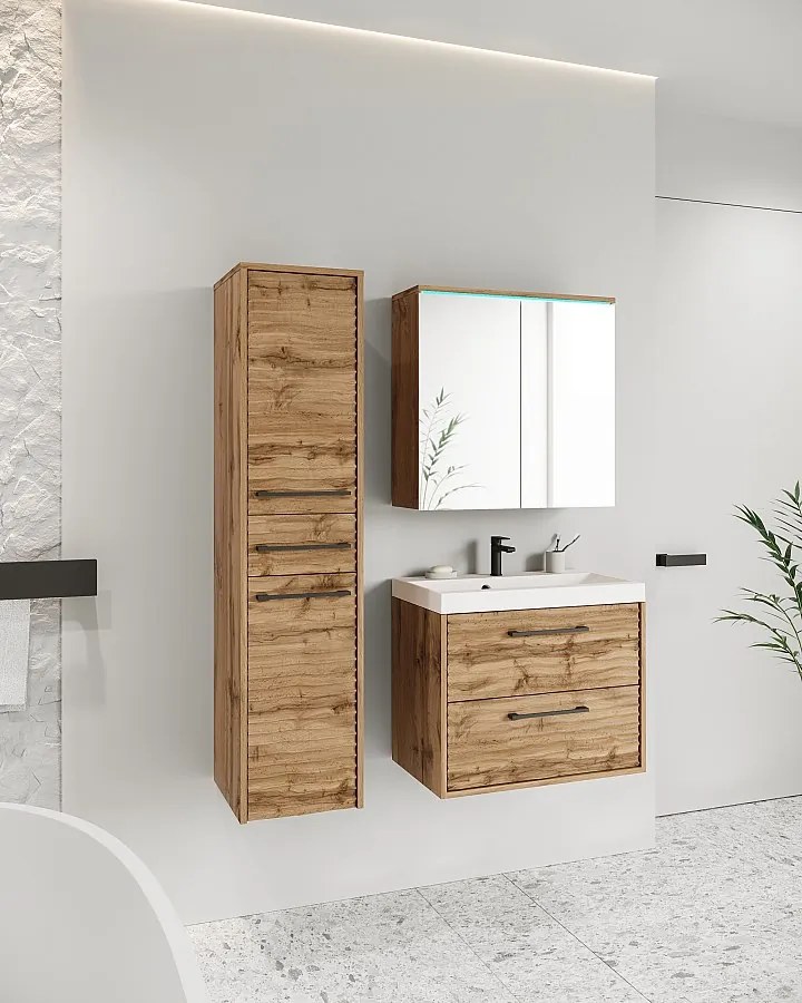 Nowoczesne meble łazienkowe, zestaw wiszący z umywalką, lustrem i słupkiem, fronty MDF fala, wotan mat