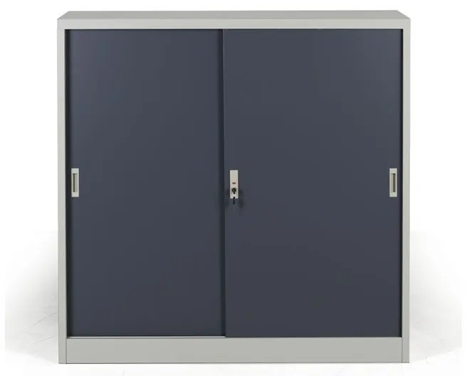 Metalowa szafa z przesuwnymi drzwiami, 2 półki, 1200 x 1200 x 450 mm, ciemnoszary