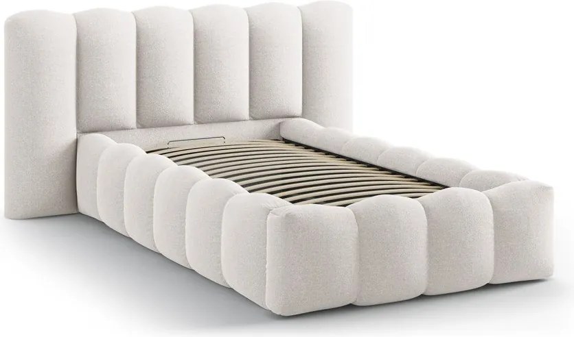Kremowe tapicerowane łóżko jednoosobowe ze schowkiem ze stelażem 90x200 cm Lupine – Micadoni