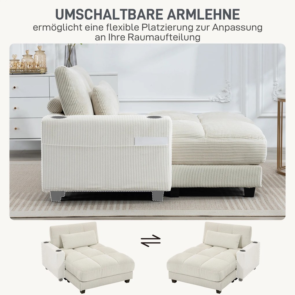HOMCOM Sofa-łóżko z poduszką, pianka, przekształcalna w łóżko, uchwyt na kubek, kremowy