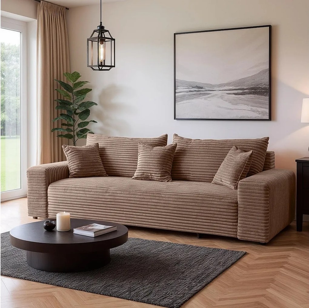 Rozkładana sofa 3-osobowa z pojemnikiem w brązowym aksamicie żebrowym 265 cm - CORDO