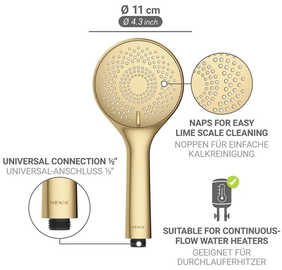 Plastikowa słuchawka prysznicowa z funkcją oszczędzania wody w kolorze matowego złota ø 11 cm Watersaving System – Wenko