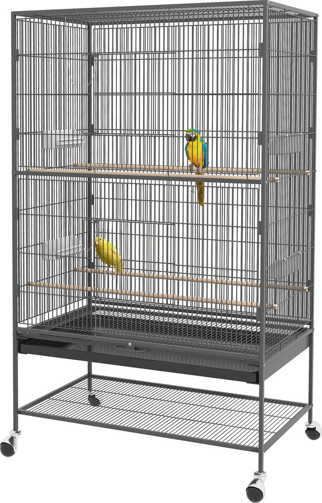 PawHut Klatka dla ptaków z drążkami siedziskowymi, zabawkami dla ptaków, wyjmowaną tacą na dnie, 1 półka, Szary