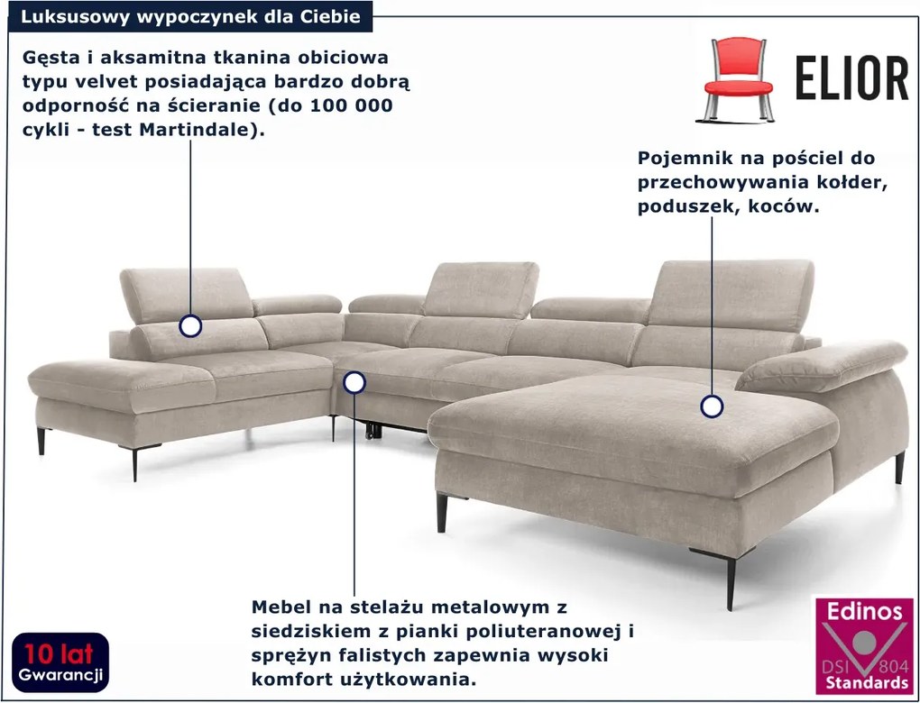 Beżowy nowoczesny narożnik U z funkcją spania Z6-C34