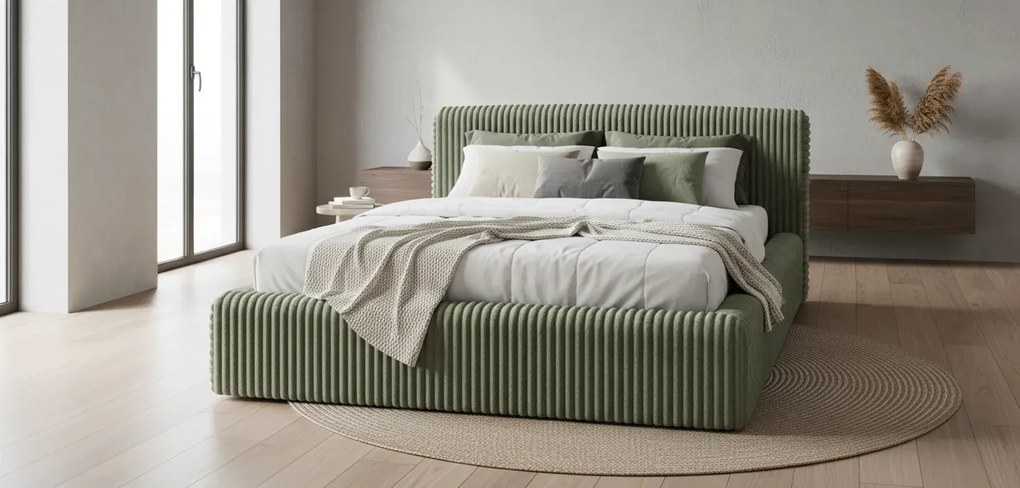 Zielone łóżko tapicerowane dwuosobowe z zagłówkiem T3-T97